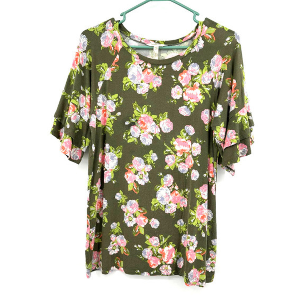 Matilda Jane size Medium green pink floral short sleeve top tee‎ flutter sleeve